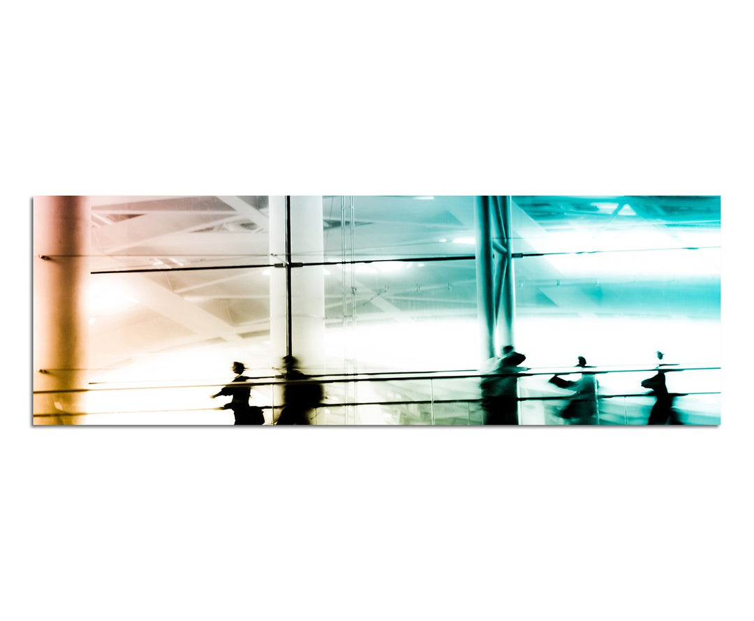 Paul Sinus Art Panoramabild auf Leinwand und Keilrahmen 150x50cm Stadt Gebäude modern Menschen abstr