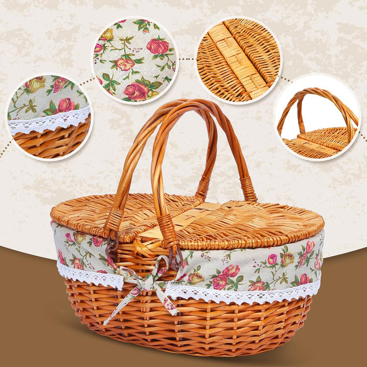 Picknickkorb-Set aus Weide für 4 Personen mit Deckel und Griff. Picknickkorb mit waschbarem Futter u