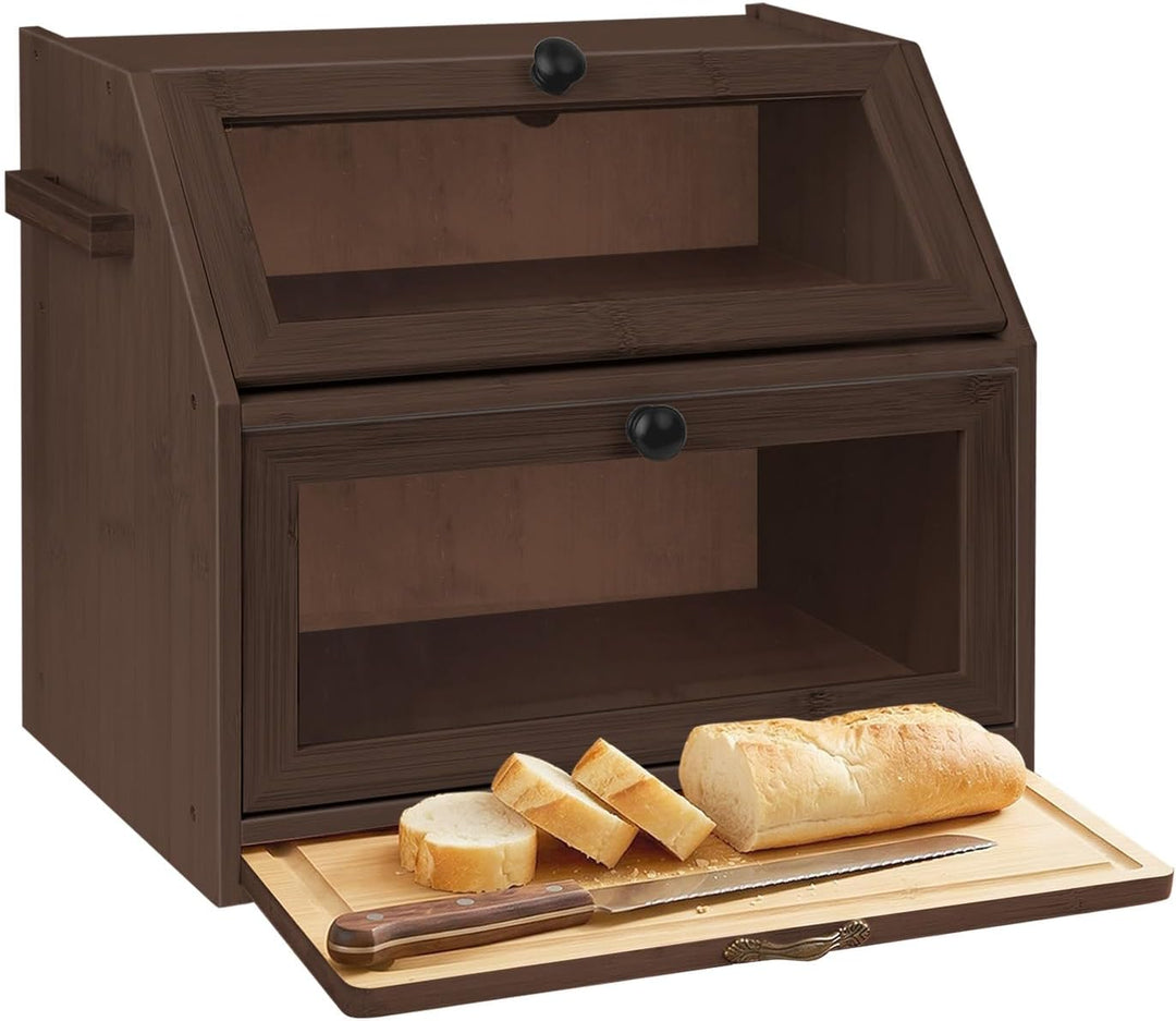 HUOLE Brotkasten aus Bambus mit 2 Etagen - Küchenorganizer, Aus Holz - Mit Sichtfenster und Magnetve