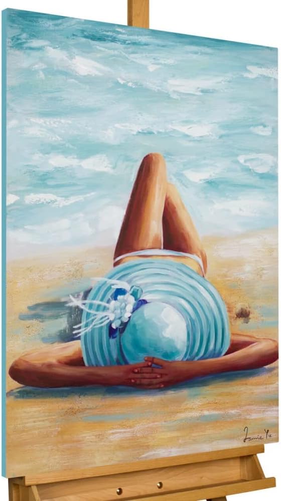 KunstLoft Leinwandbild | 100% HANDGEMALT | 60x90cm | Gemälde 'Beach Beauty' | Frau | Blau Beige | Wa