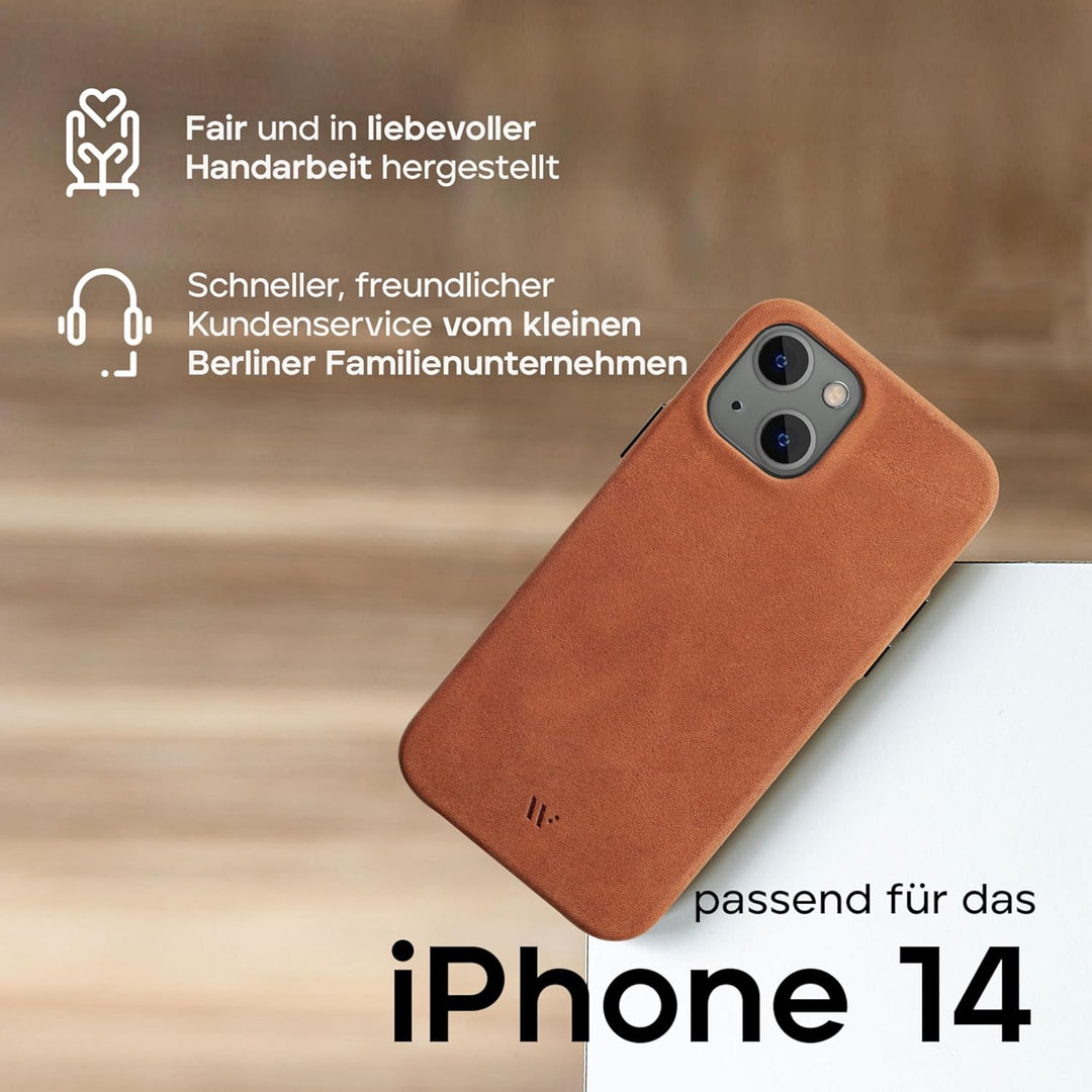 WIIUKA Hülle für iPhone 14, Leder aus Deutschland, Lederhülle extra Dünn, Premium Handyhülle, Case,