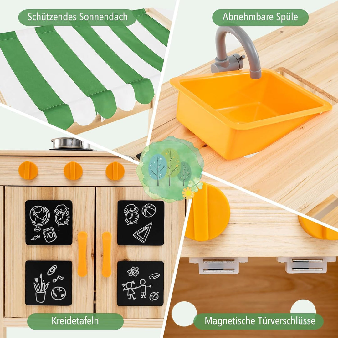 COSTWAY Matschküche Kinder Outdoor, Kinderküche Tannenholz mit Überdachung & Abnehmbarer Spüle & 4 K