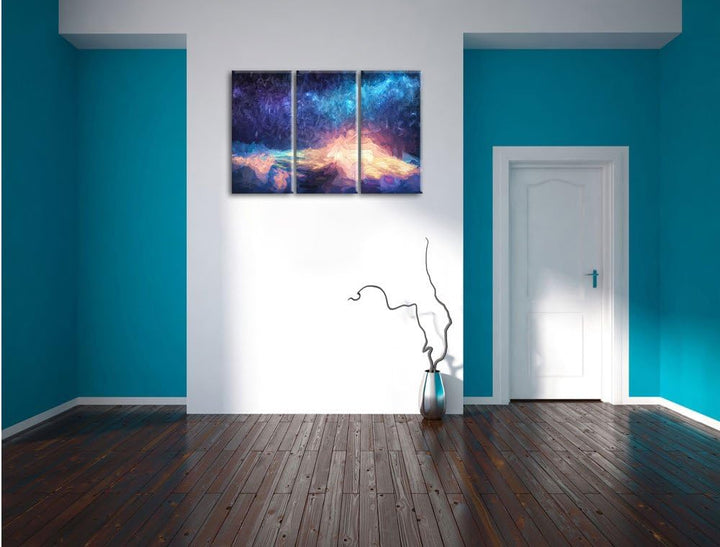 Pixxprint der Mann auf dem Berg mit dem Blick auf die Welt Kunst Pinsel Effekt 3-Teiler Leinwandbild
