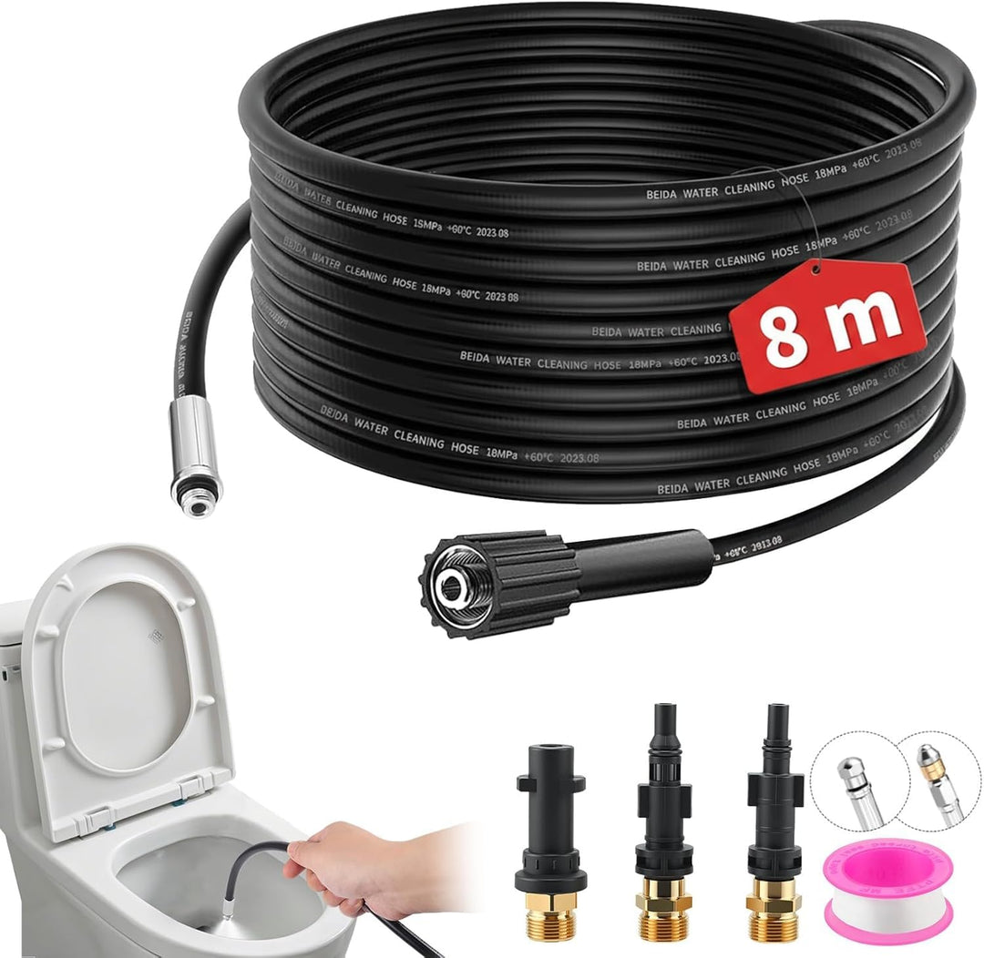 8m Rohrreinigungsschlauch Set,Druckluftschlauch mit 3 Adaptern,2 Düsen und Teflonband,5800PSI/400Bar