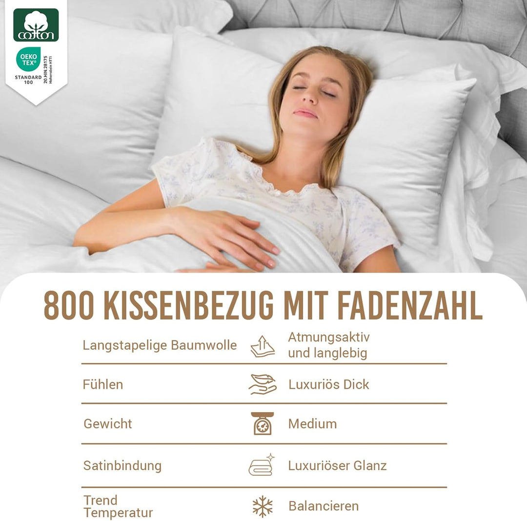 Pizuna Luxuriöser Soft-Satin 2er Pack Kissenbezug 70 x 90 cm Weiss, 800 Fadenzahl Baumwolle Kissenbe