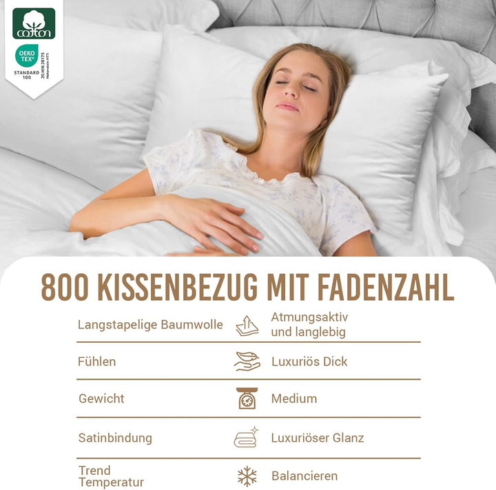 Pizuna Luxuriöser Soft-Satin 2er Pack Kissenbezug 70 x 90 cm Weiss, 800 Fadenzahl Baumwolle Kissenbe