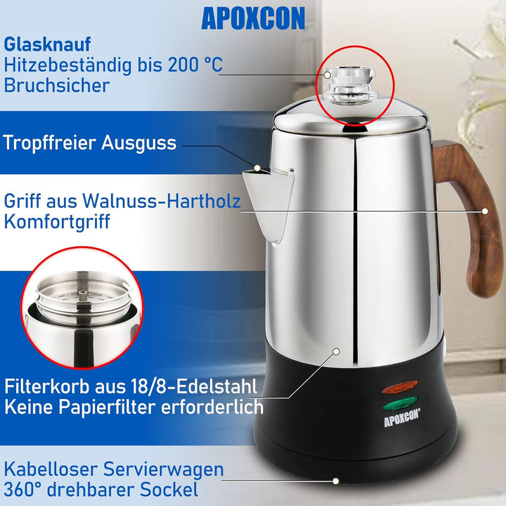 APOXCON Edelstahl18/8 (SS304) -Kaffeekanne (6 Tassen) – mit Sichtglas, Warmhaltefunktion & kordlosem