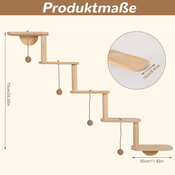 Katzenwand mit Katzentreppe &amp; Hängendem Spielball, 2 in 1 | Kratzbaum, 5 Ebenen Katzenkletterwand, M