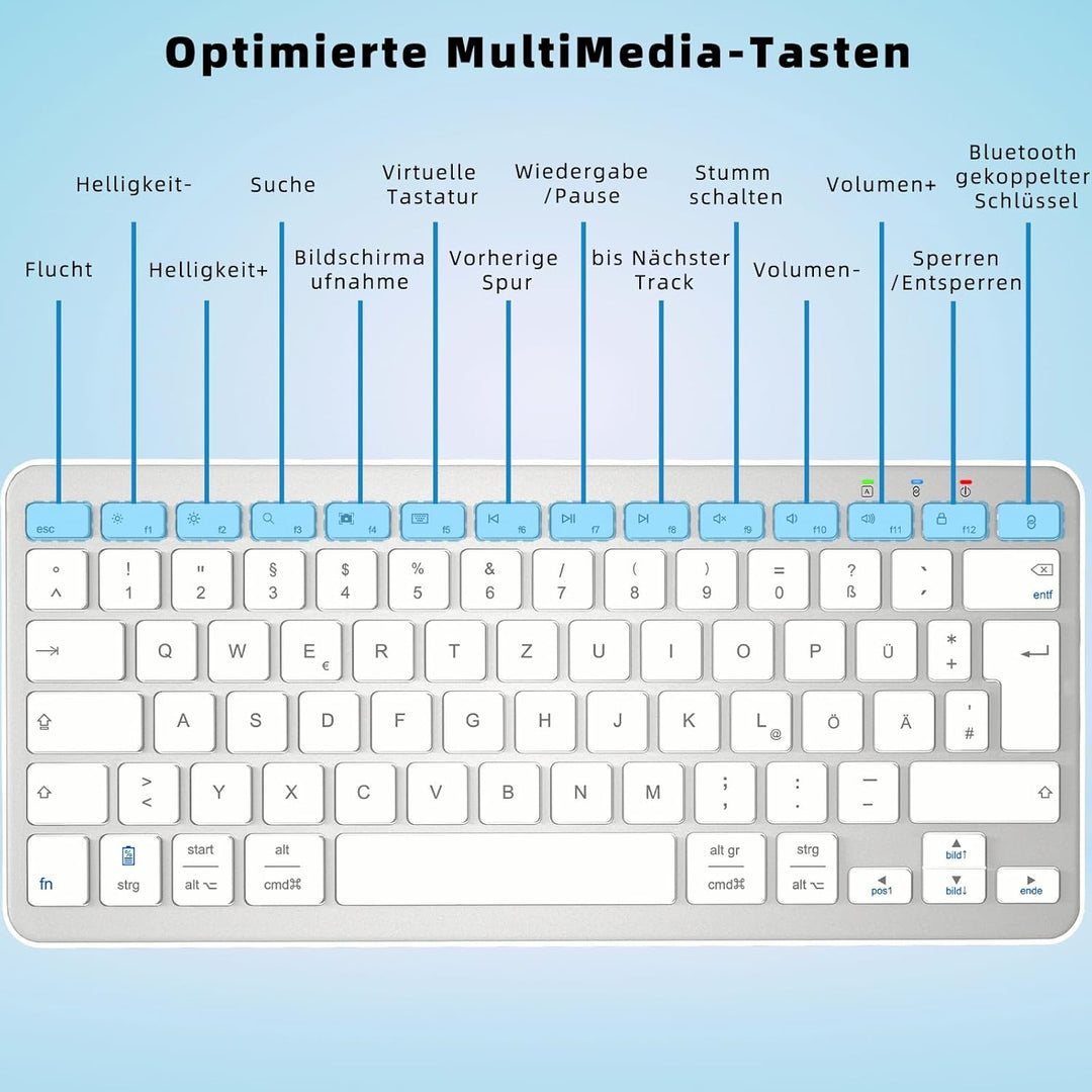 Kabellose Bluetooth Tastatur, Wiederaufladbare Mini Type-C, Funk, Ultraslim Ergonomisches Design, De