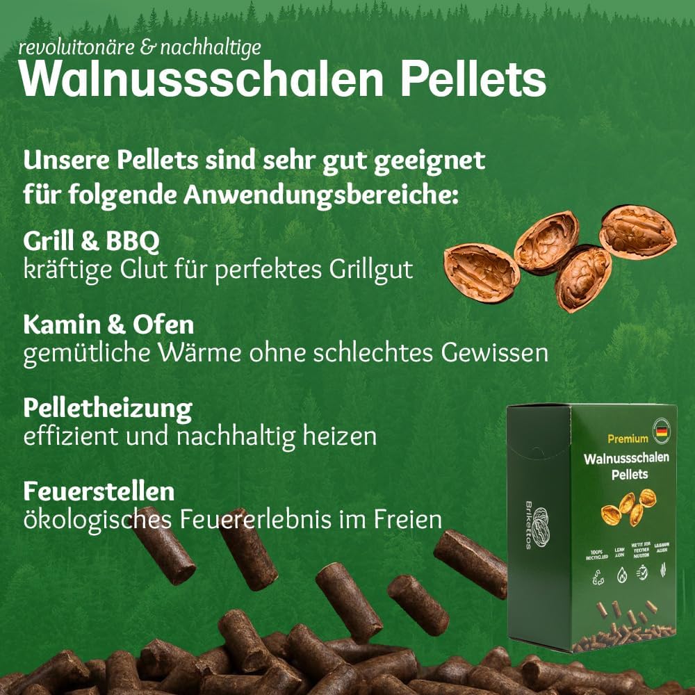 Grillpellets – 100% Wallnusschale ohne Zusatzstoffe – Räucherpellets für Smoker, Grill & Pizzaofen m