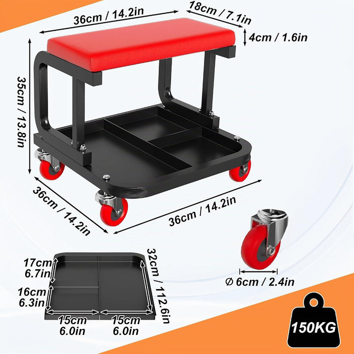 Aufun Werkstatthocker mit Rollen, Werkstatt Rollsitz 150kg belastbar, Arbeitshocker mit Ablage, 4 be