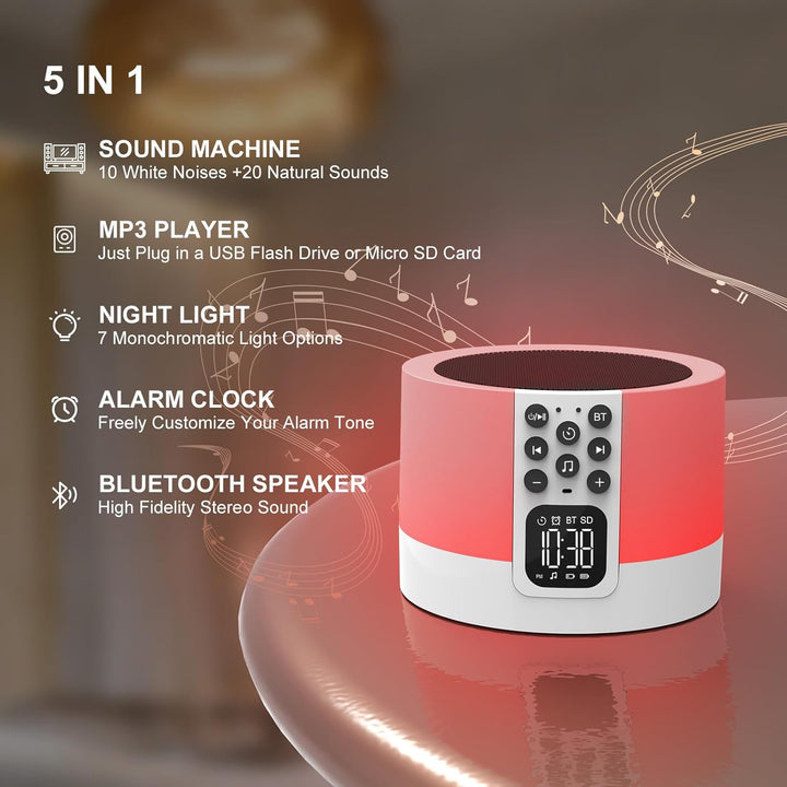 Bluetooth Lautsprecher mit Licht und Digital Wecker, White Noise Machine, Touch Dimmbares Nachtlicht