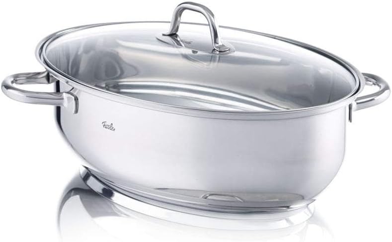 Fissler / Edelstahl-Bräter (8,8 L - Ø 38 cm) grosser ovaler Schmortopf, mit Glas-Deckel, backofen-&