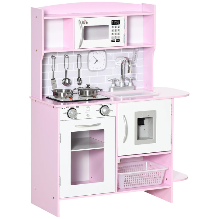 HOMCOM Holz-Spielküche mit Lichtern, Geräuschen, Stauraum, 3-6 J., Pink | Kinder-Küchen-Spielset, Wa