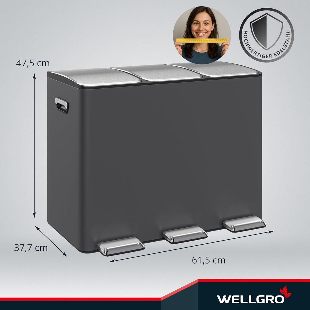 WELLGRO Treteimer grau, Mülleimer, Edelstahl Tretmülleimer mit 3 x 15 Liter, klappbaren Fusspedalen,