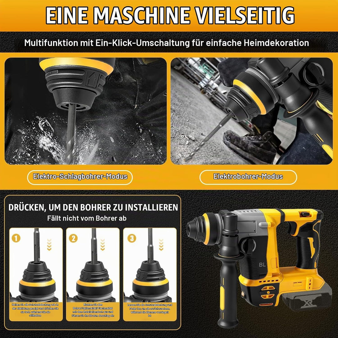 1250W Akku Kombihammer und Bohrlöcher 2-in-1 kompatibel mit DeWalt 20V Akku(ohne Akku),22 mm Bürsten