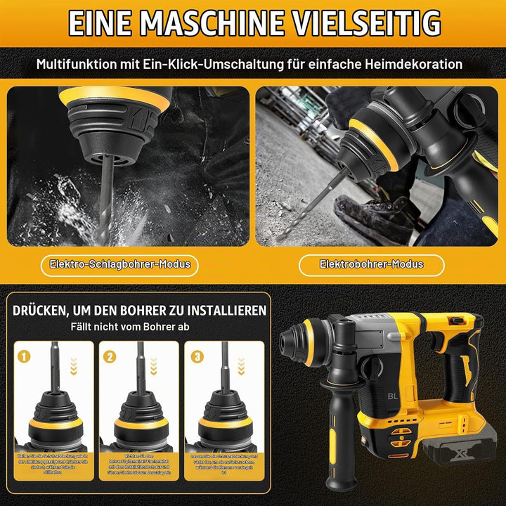 1250W Akku Kombihammer und Bohrlöcher 2-in-1 kompatibel mit DeWalt 20V Akku(ohne Akku),22 mm Bürsten