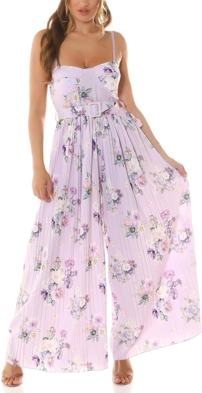 Koucla Flower Printed Plissee Extreme Marlene Jumpsuit Overall mit Gürtel Einheitsgrösse Flieder, Ei
