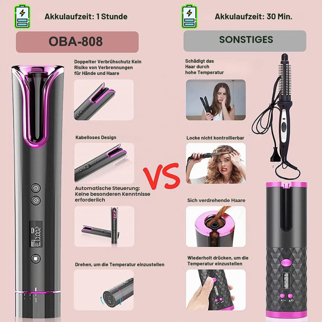 OBA Automatisches Kabelloses Lockenstäbchen, USB-Wiederaufladbar, LCD-Display, Timer 8-18s, Temperat