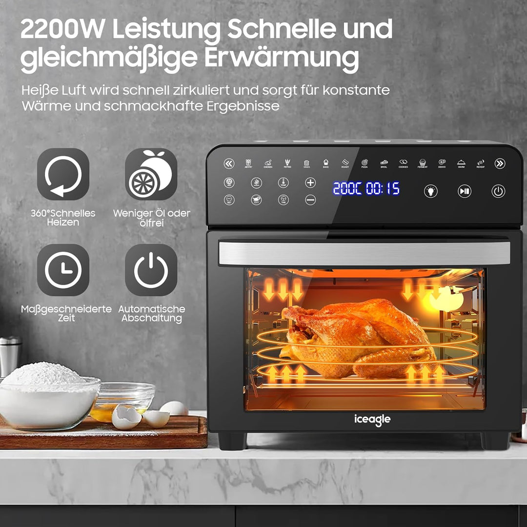 Iceagle Heissluftfritteuse XXL Airfryer 15 Liter, Friteuse mit13 Programme, Mini Backofen, Dörrautom