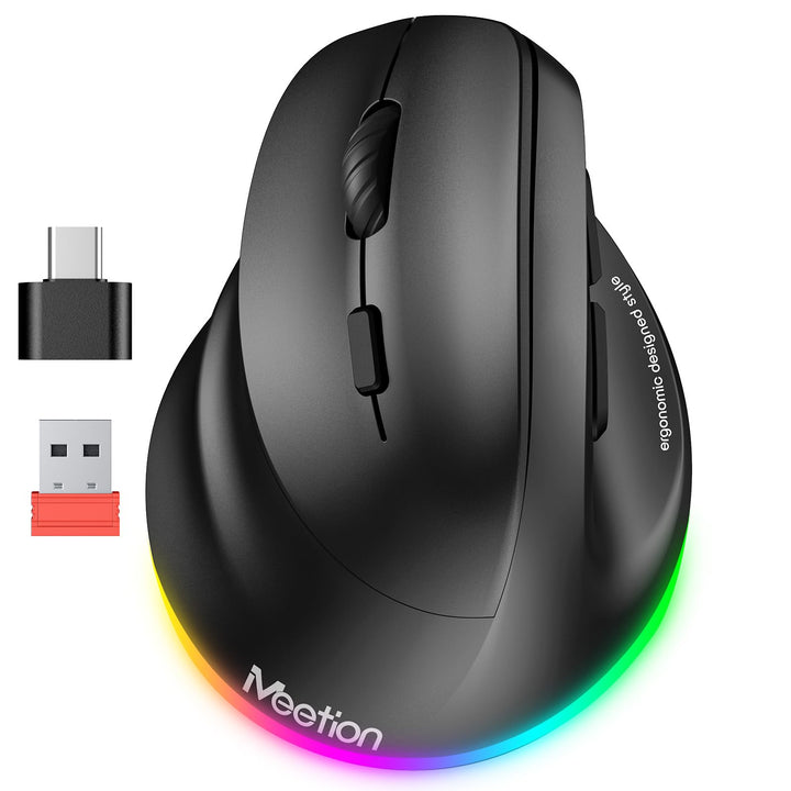 MEETION Linkshänder-Maus, Ergonomisch, Kabellos, Vertikal, RGB für Bluetooth (5.2 + 3.0) und USB-A M