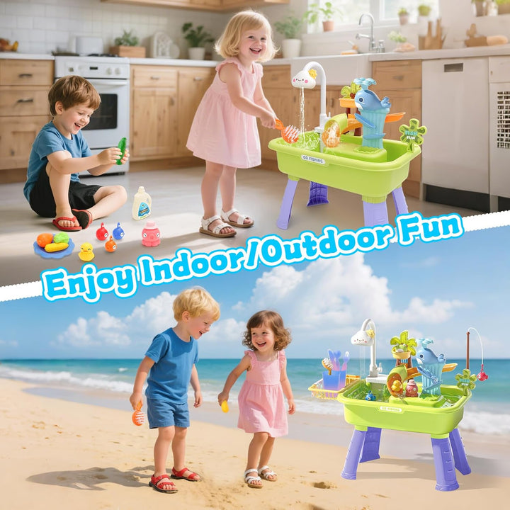 deAO 4-in-1 Kinder Waschbecken mit Wasserfunktion & Sand- und Wassertisch – Wasserspieltisch Outdoor
