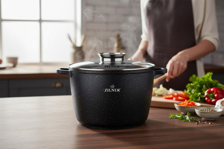 Zilner Topf 6,2 L - Robuster Kochtopf mit Deckel mit Aroma-Knopf - Marmorbeschichtung - für alle Her