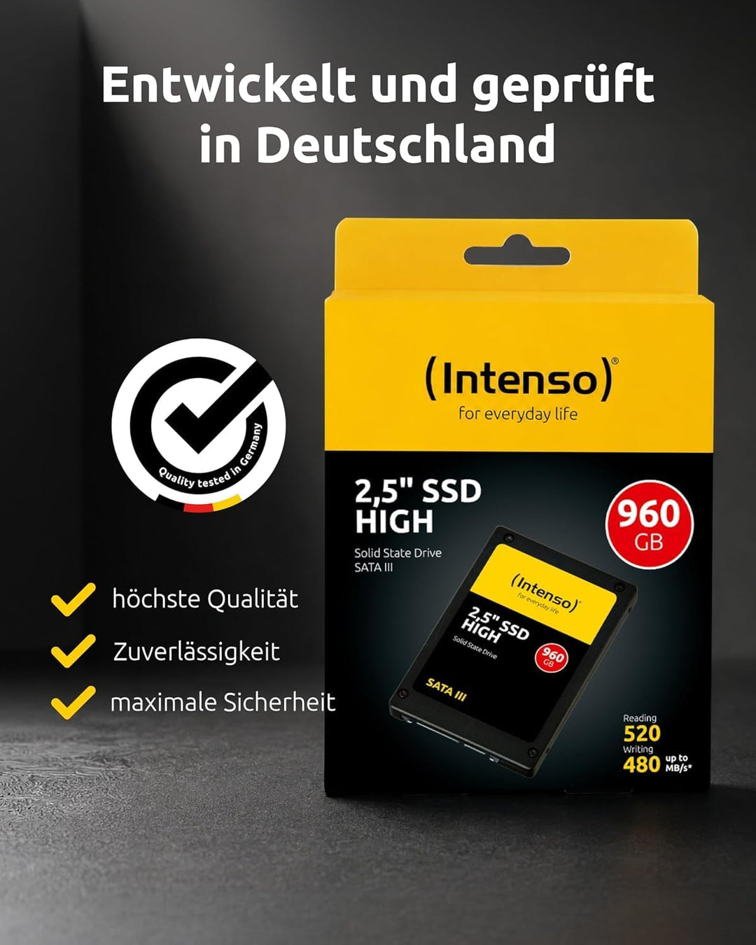 Intenso Interne 2,5" SSD SATA III High, 960 GB, 520 MB/Sekunden, Schwarz 960GB Sata 2,5" High