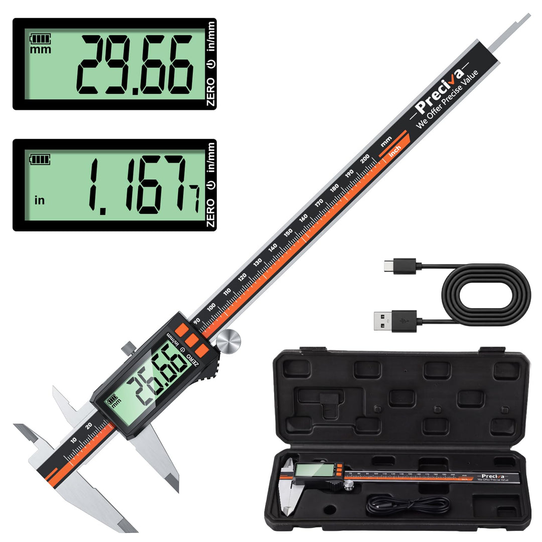 Preciva Digitale Messschieber 0-200mm mit LCD-Anzeige Type-C Aufladbar | Schieblehre aus Edelstahl,