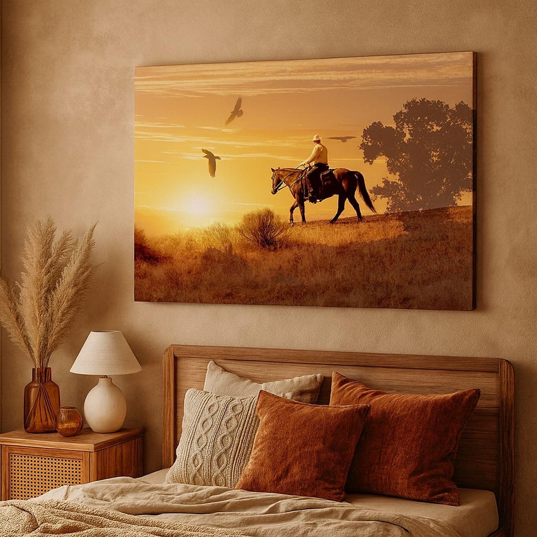 Bilder auf Leinwand 100x70cm Leinwandbild Pferd Cowboy Bauernhof Reiten Gross Wanddeko Bild Schlafzi