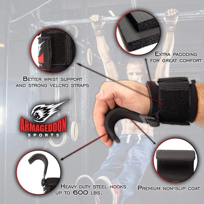 ARMAGEDDON SPORTS Latzughilfe Krafttraining Fitness Haken Zughilfen Lifting Straps Power Metallhaken