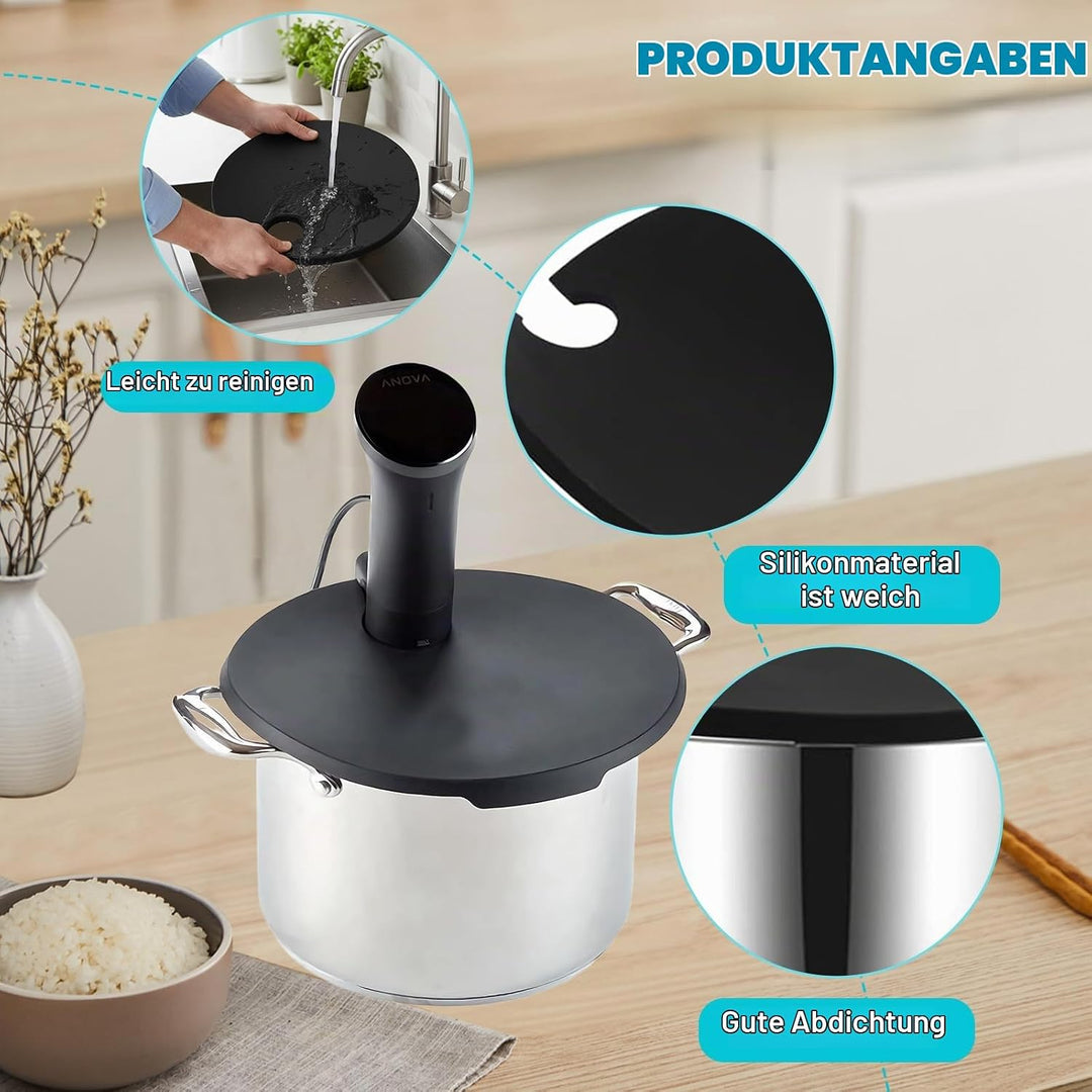 2 Sous Vide Deckel, Silikondeckel für Töpfe bis 28 cm, Sous Video Deckel Schwarz und Grau für Präzis