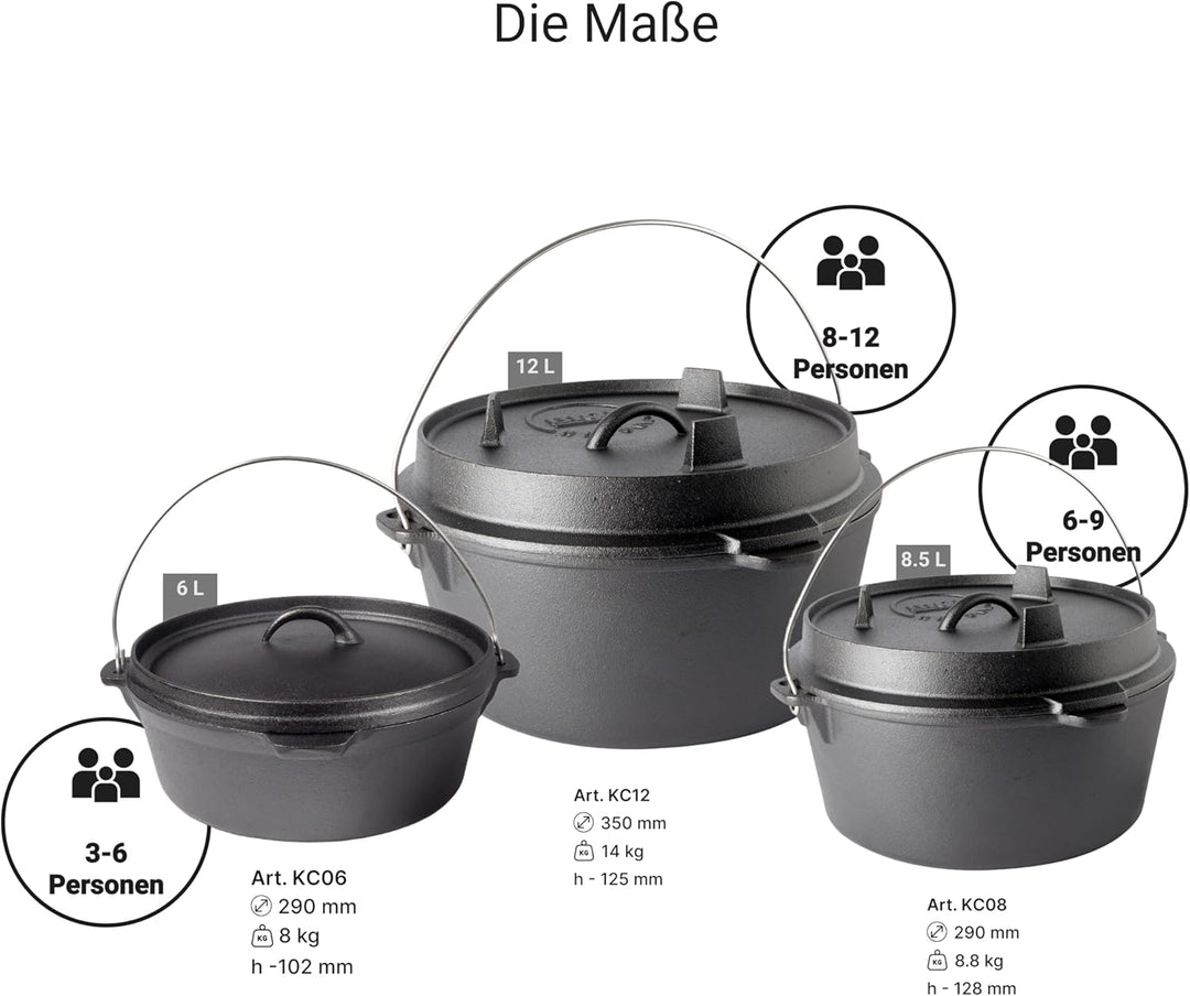 BIOL Dutch Oven 6 Liter aus Gusseisen – Eingebrannter Feuertopf mit Deckelheber und Doppelfunktions-