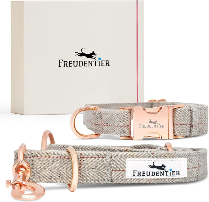 FREUDENTIER® Hundehalsband und Hundeleine im eleganten Set - 2m Leine, 3-Fach verstellbar - Robust &