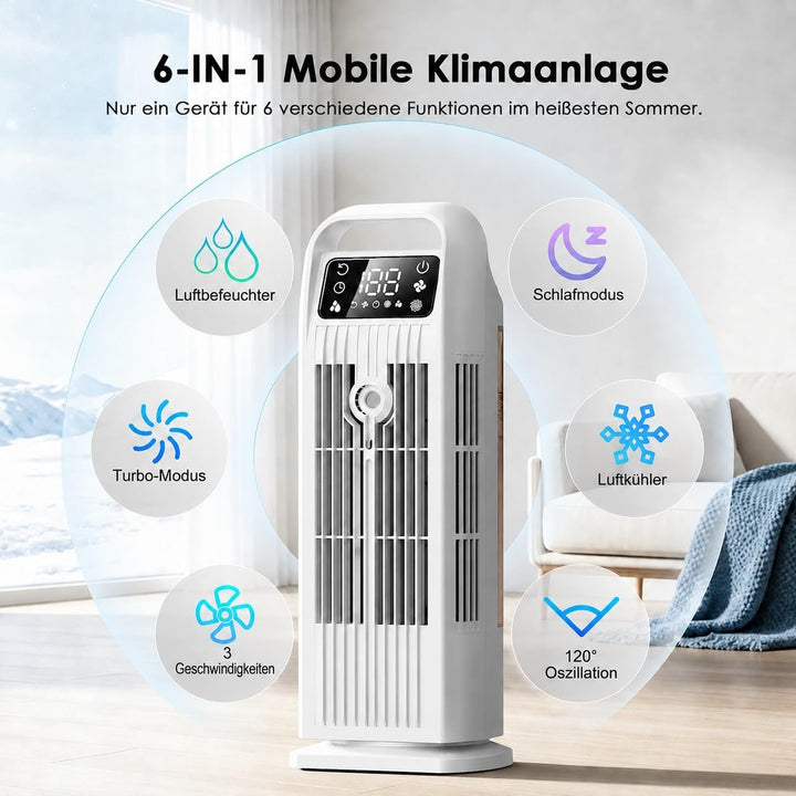 Mobile Klimaanlage ohne Abluftschlauch 6-in-1, Luftkühler mit Wasserkühlung &amp; Luftbefeuchter, Aircoo