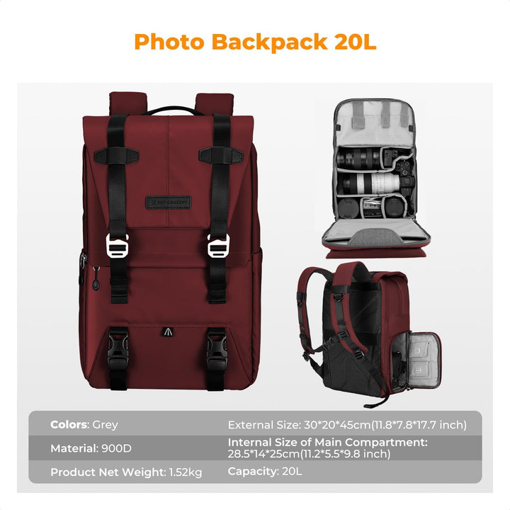 K&F CONCEPT Kamerarucksäcke 20L, Grosse Camera Backpack 15,6 Zoll Laptopfach, Spritzwassergeschutzt