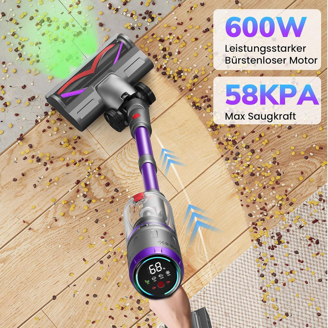 Akku Staubsauger 90Min, 600W 58000Pa Staubsauger Kabellos mit 90° Top-Adapter, Selbststehender Akkus