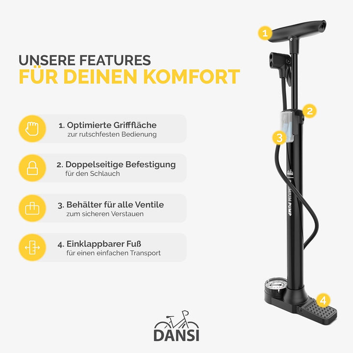 DANSI Stand-Fahrradpumpe alle Ventile AV, SV, DV - Luftpumpe Fahrrad Inklusive Grossem Manometer, Ad