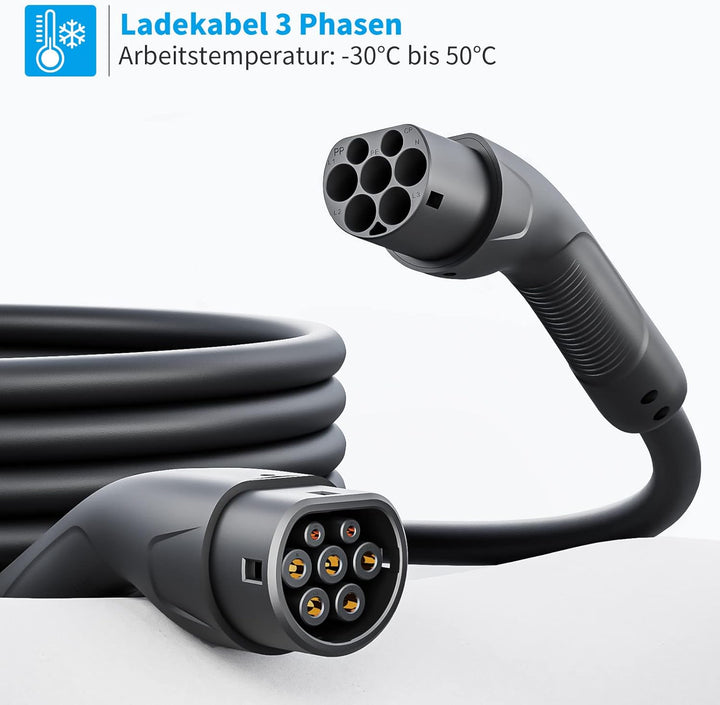 Rosaking Typ 2 Ladekabel 22kW,5M EV Ladekabel mit 3 Phasen＆IEC 62196,32A Elektrofahrzeuge Ladekabel
