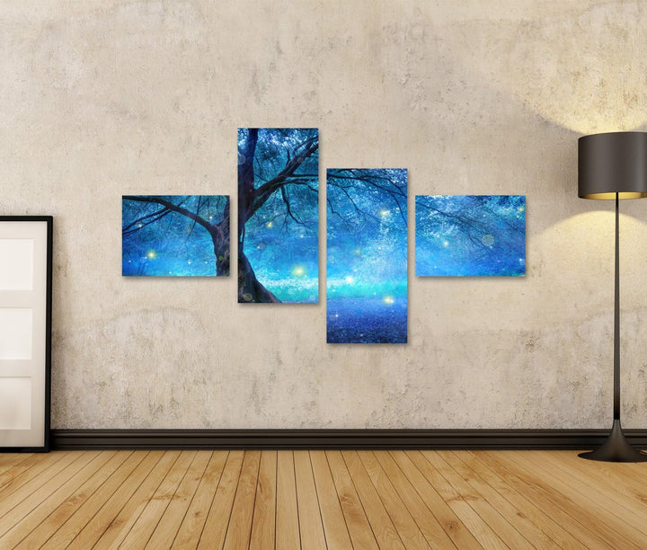 Bild auf Leinwand Feenbaum im mystischen Wald Wandbild Poster Leinwandbild 150x80 4-teilig, 150x80 4