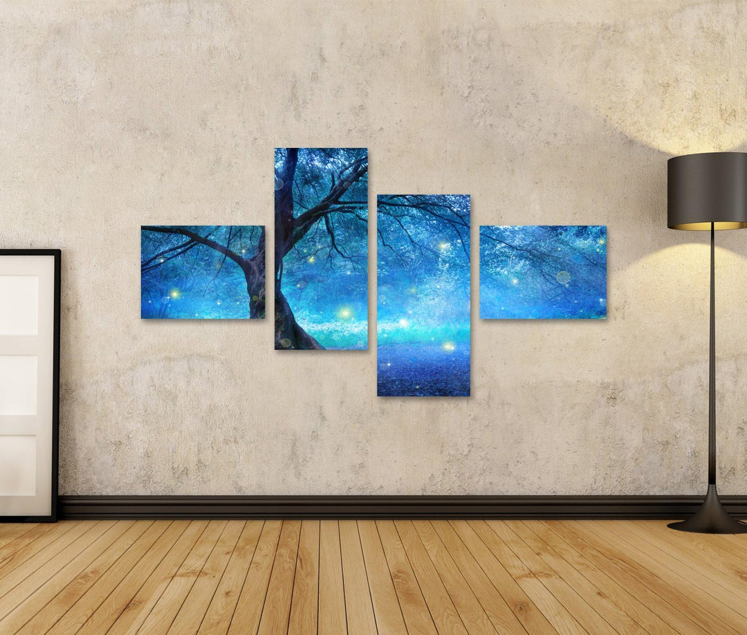 Bild auf Leinwand Feenbaum im mystischen Wald Wandbild Poster Leinwandbild 150x80 4-teilig, 150x80 4