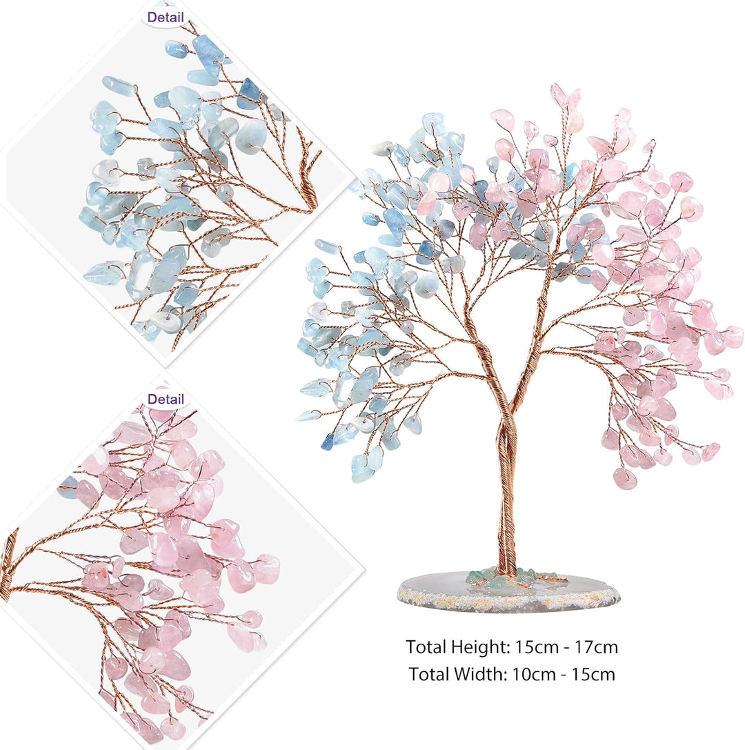 Nupuyai Rosenquarz & Aquamarin Kristallbaum mit Achat Stein Basis Feng Shui Edelstein Baum, Glücksba