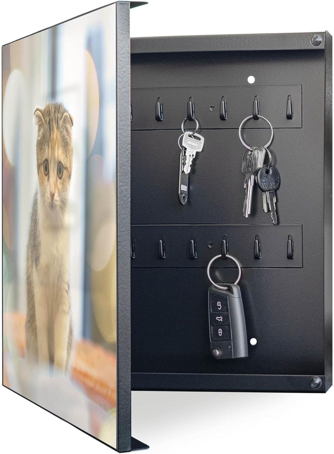 banjado® Grosser Schlüsselkasten Glas/Schlüsselbox 30cm x 30cm mit 50 Haken - Motiv Kleine Katze/Sch