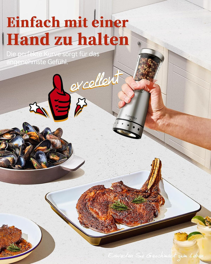 Salz und Pfeffermühlen elektrisch 2er Set aus Edelstahl (Wiederaufladbar, LED Beleuchtung, mit einst
