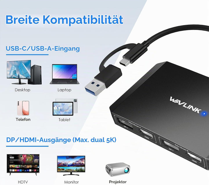 WAVLINK DisplayLink USB 3.0 or USB C to DisplayPort HDMI Adapter, Dual 5K/4K@60Hz 4IN1 Monitor Hub f