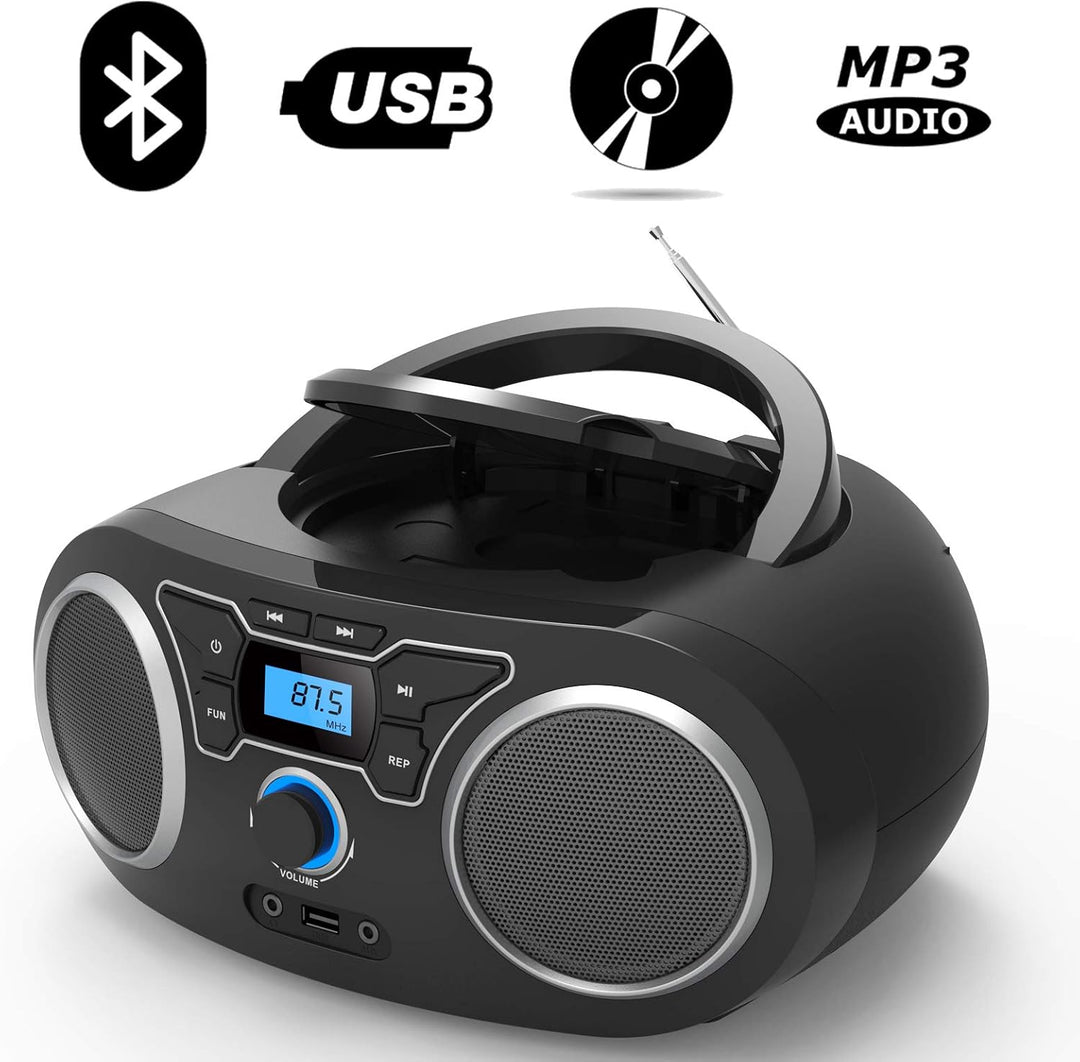 CD-Radio Tragbare CD-Player-Boombox mit Bluetooth- und FM-Radio, USB-Eingang und 3,5-mm-AUX-Kopfhöre