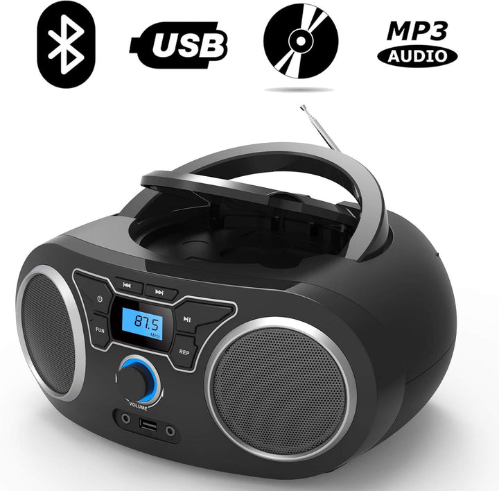 CD-Radio Tragbare CD-Player-Boombox mit Bluetooth- und FM-Radio, USB-Eingang und 3,5-mm-AUX-Kopfhöre