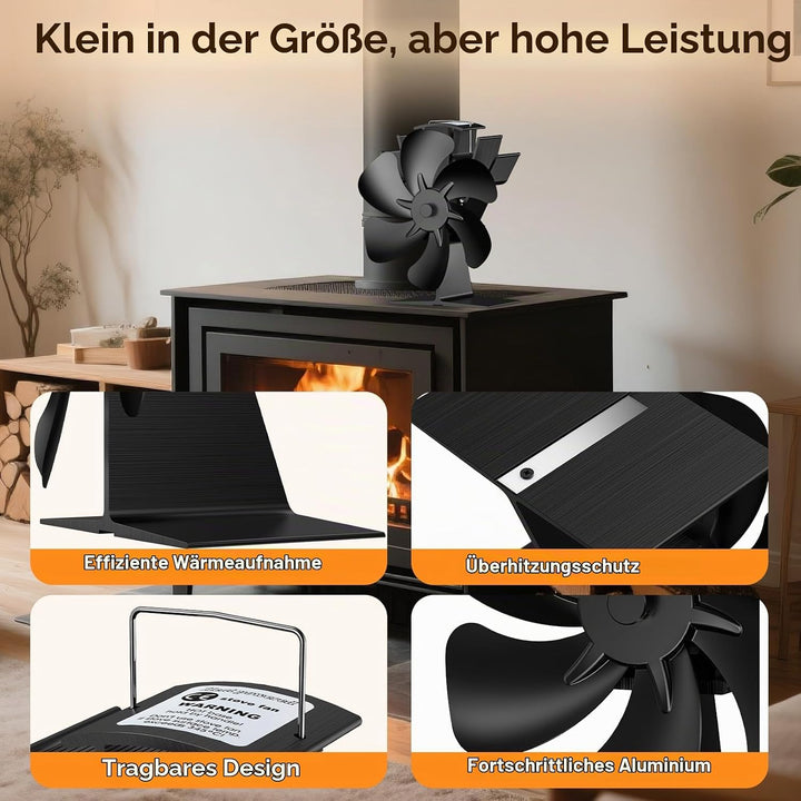 Dancial Kaminventilator,Holzofenventilator Wärmebetrieben, Leiser Öko-Kaminventilator mit 4 Flügeln,