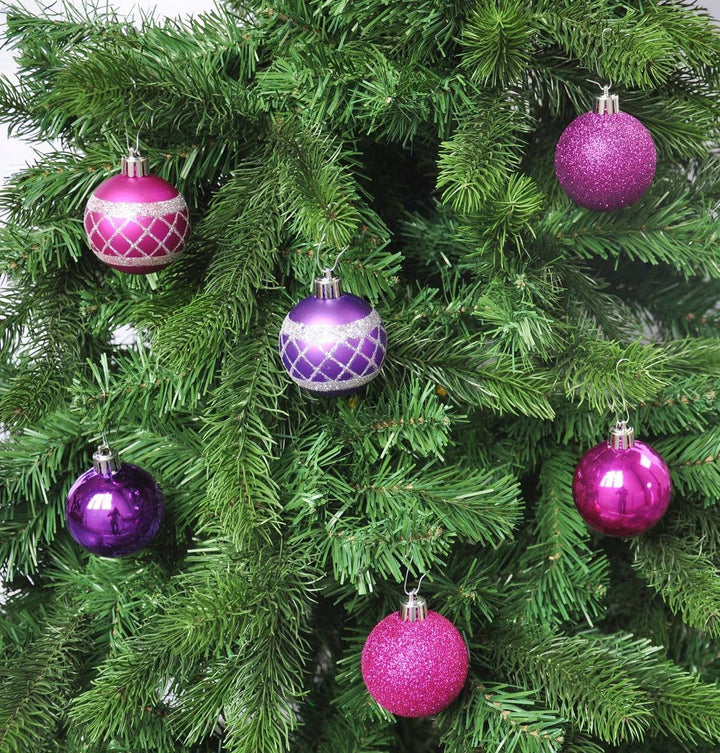 64x Kunststoff Christbaumkugeln 6cm Kugel Box Glanz Glitzer Matt Dekor Inge Glas, Farbe:Pink-Purple
