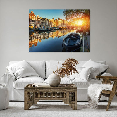 Bilder auf Leinwand 100x70cm Leinwandbild Kanal Boot Amsterdam Wasser Gross Wanddeko Bild Schlafzimm